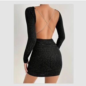 Backless Bodycon Dress, Y2K Long Sleeve Glitter Dress